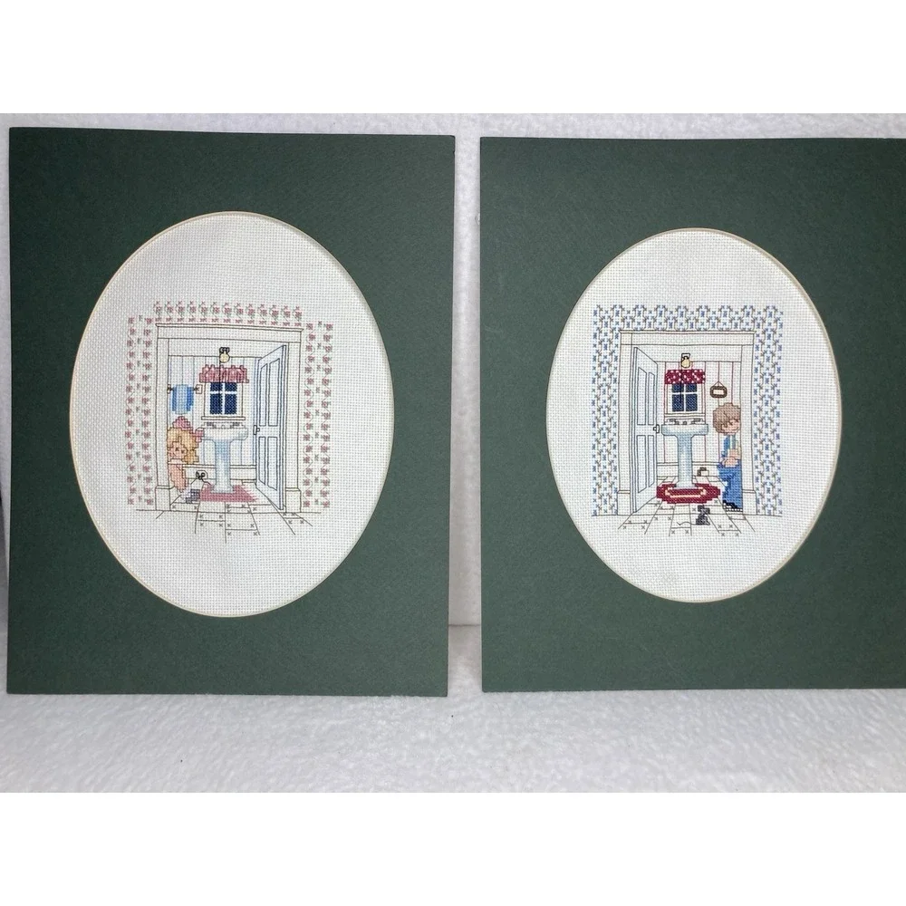 Vintage Counted Cross Stitch Bathroom Boy Girl Wall Art Pair Humor Matted Decor